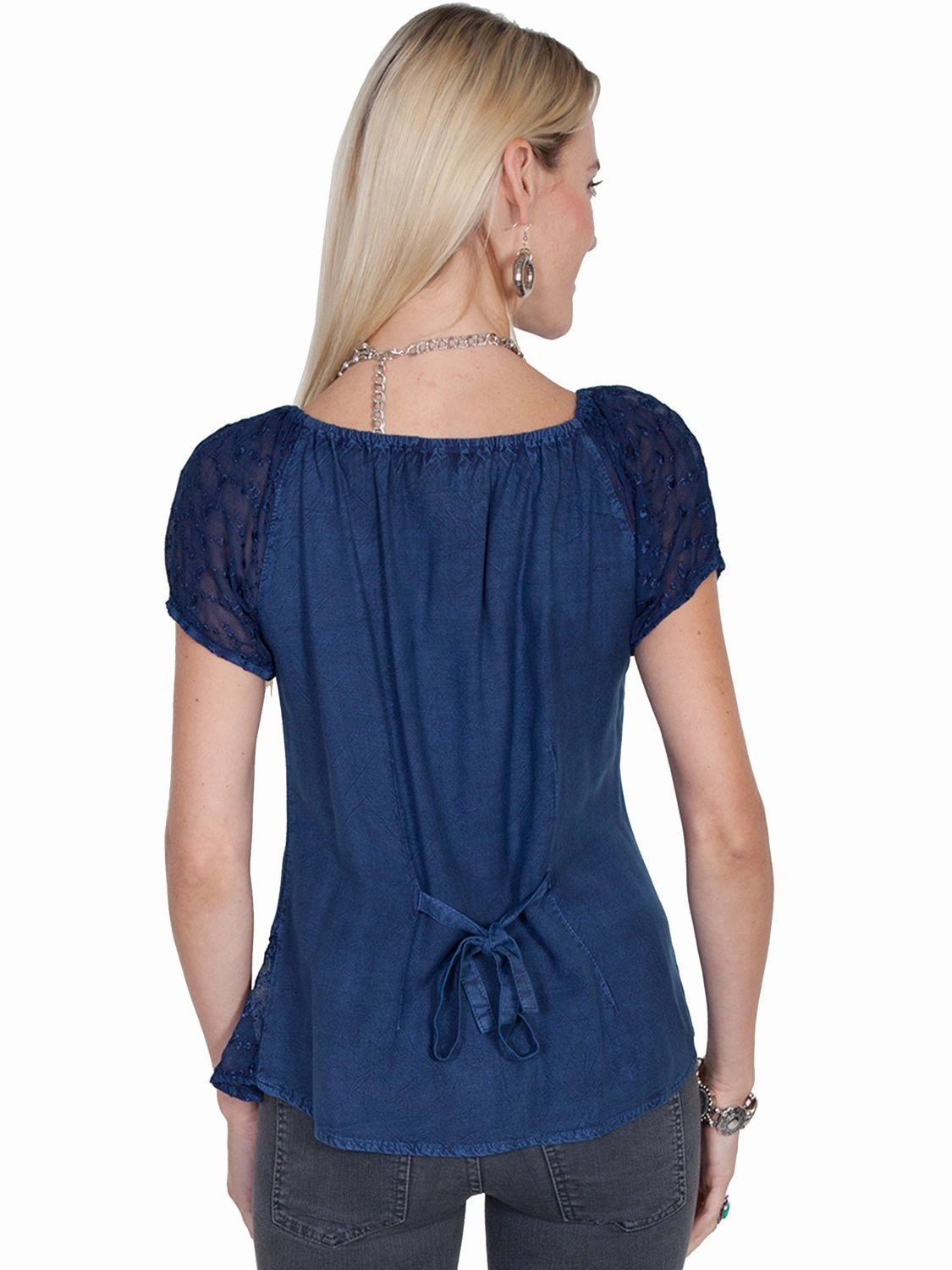 Scully Honey Creek Womens Blue 100% Rayon S/S Multi-Fabric Blouse Durable Material Artistic Design