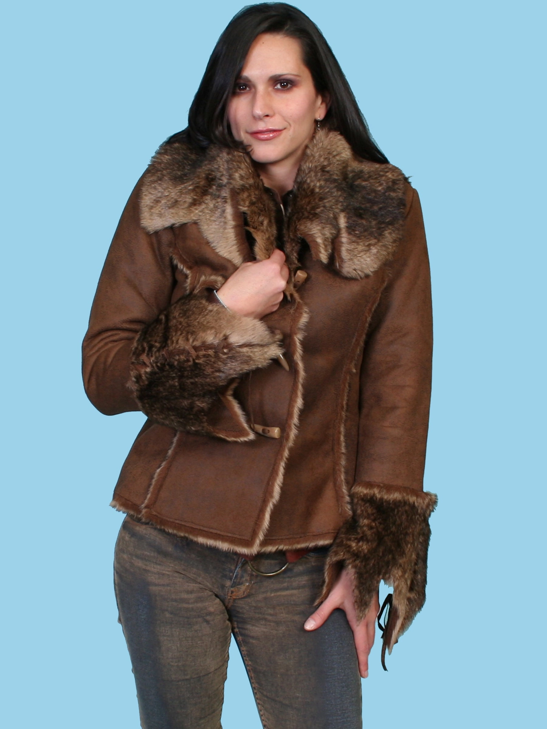 stand neck Durable Chill Piece Scully Ladies Faux Toggle Fur Jacket Java 100% Polyester Luxurious