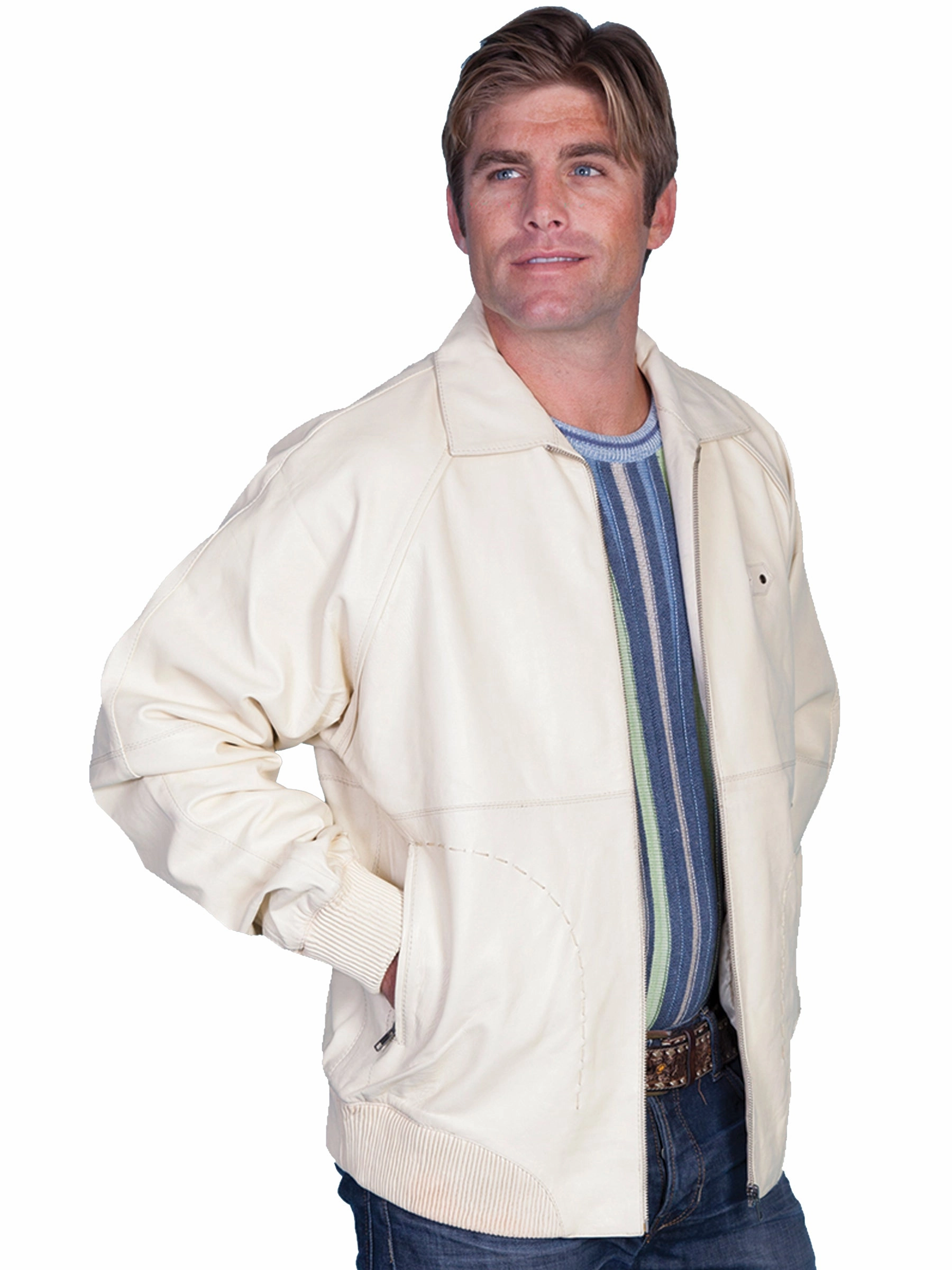 Scully Leather Mens A2 Bomber Lamb Jacket Zip Front Cream Autumn Vibe Flatlock Seam Construction