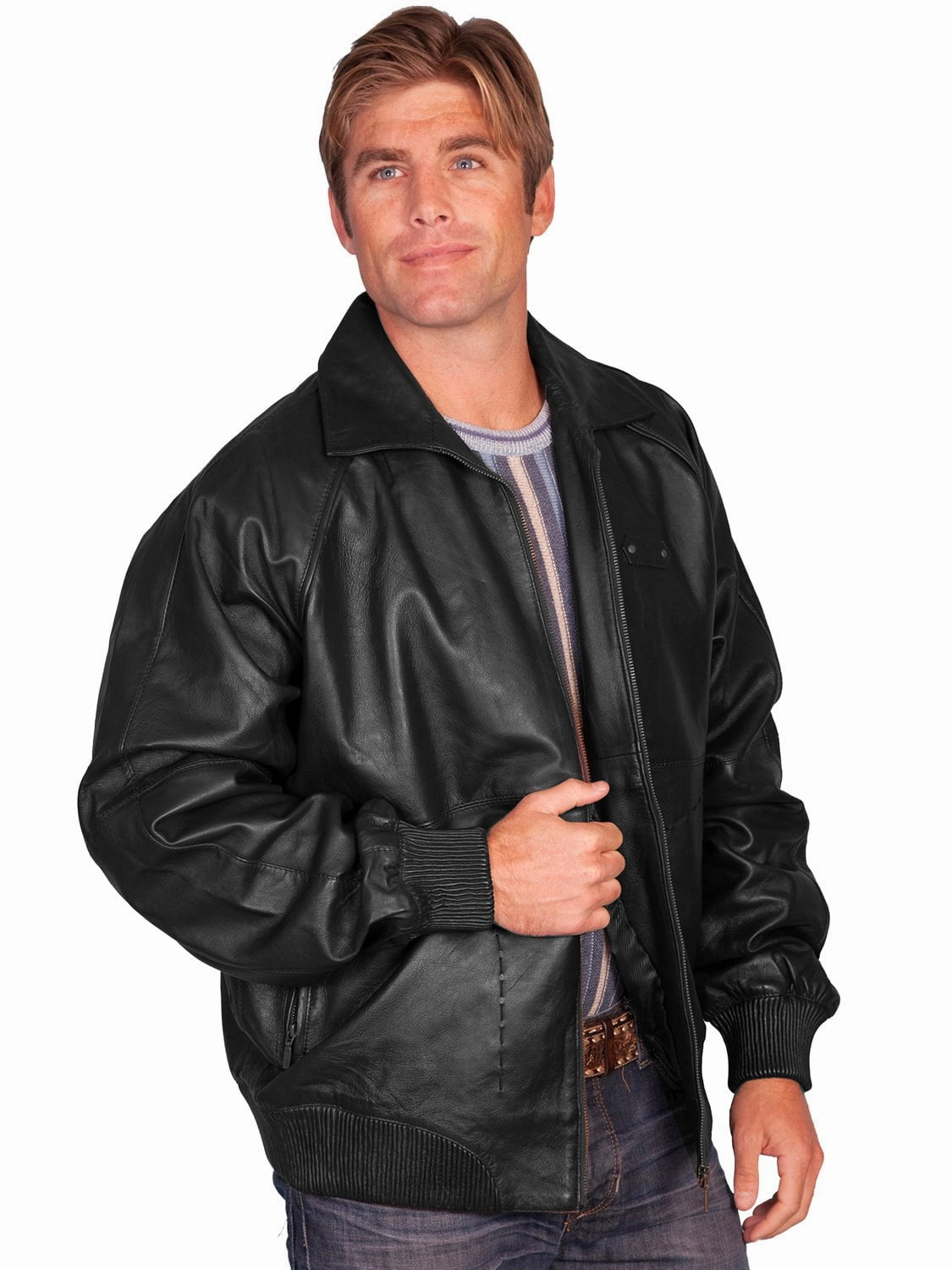 Scully Leather Mens Black Lamb Bomber Zip Front Jacket Contoured Silhouette Flexible Layer Fit