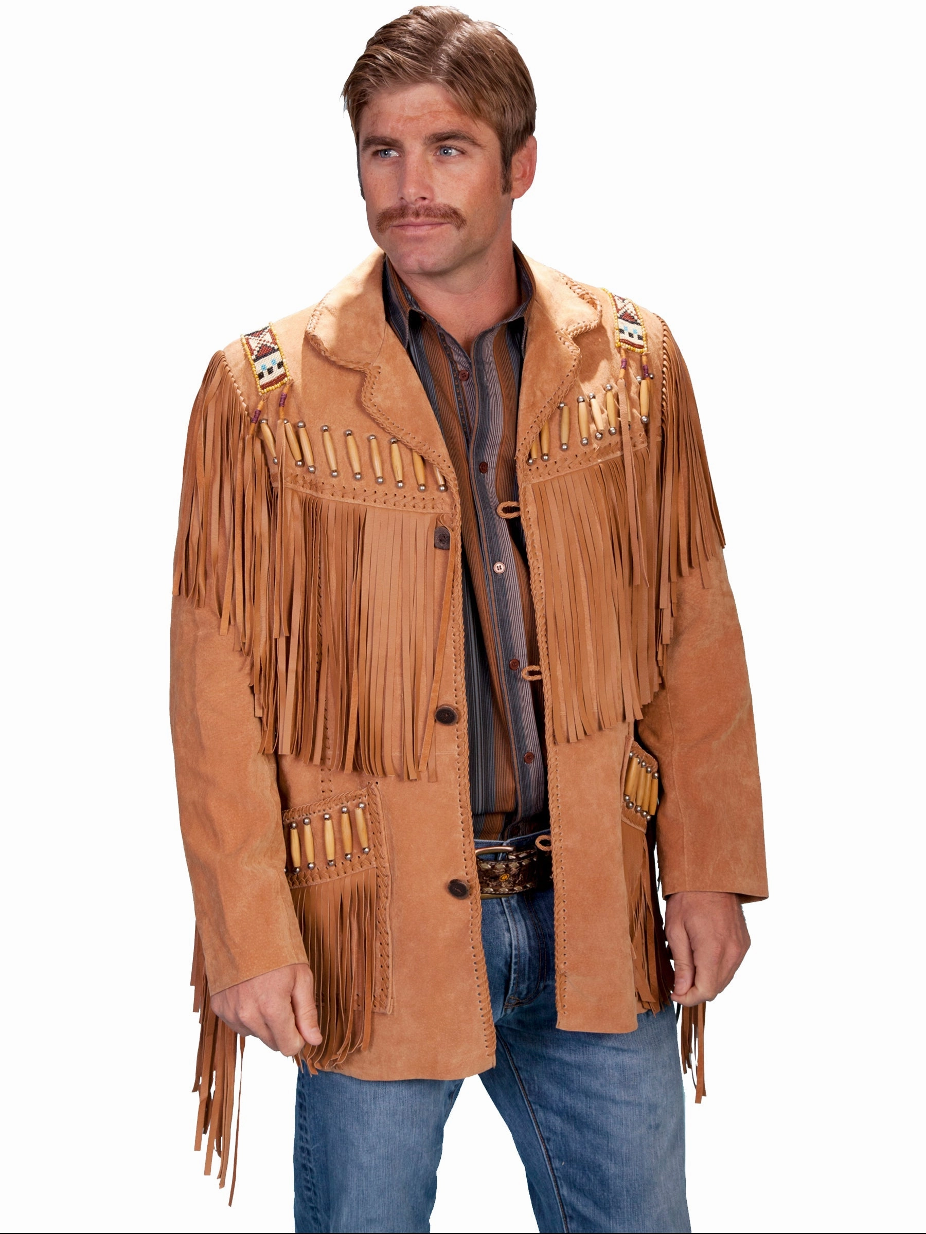 Scully Leather Mens Boar Suede Fringe Mountain Man Jacket Bourbon Eco Dye Process