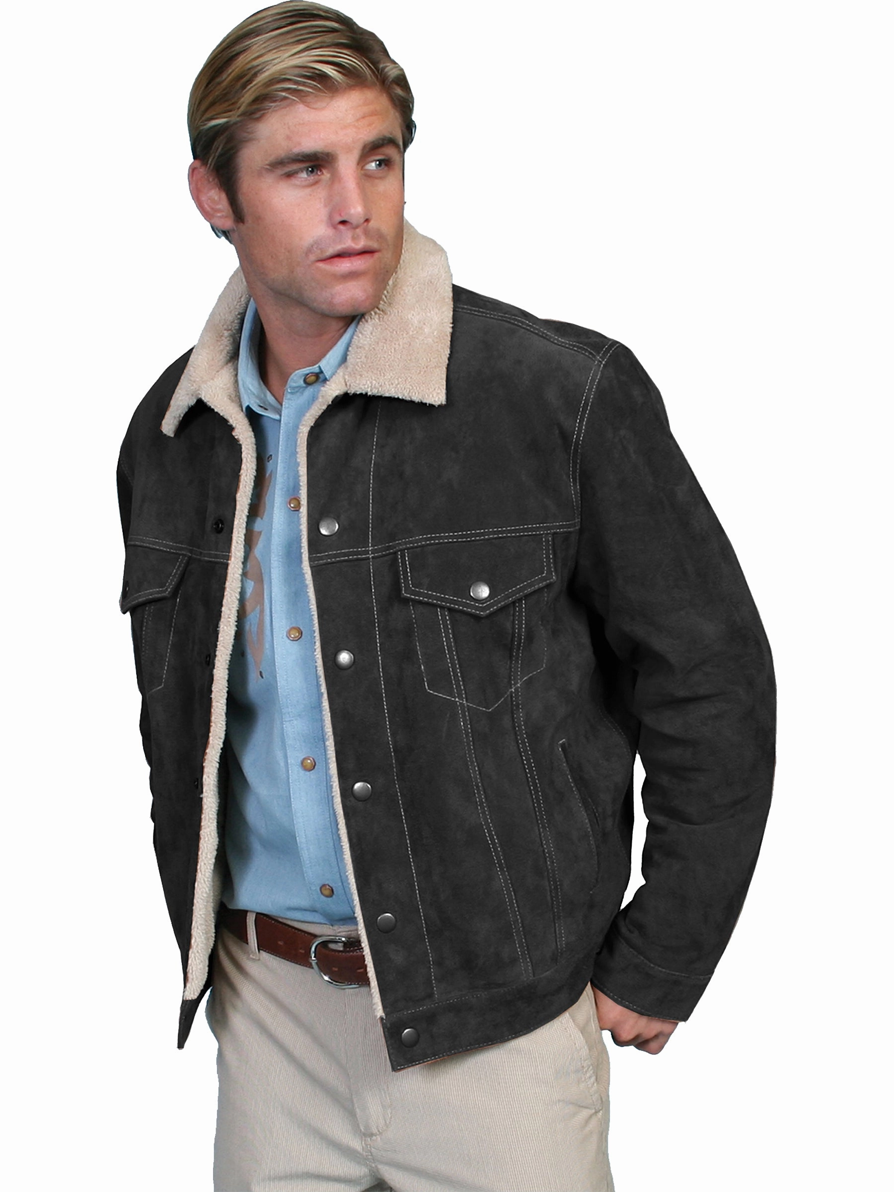 Scully Leather Mens Boar Suede Sherpa Fleece Jean Jacket Black Daily Commute Wear Weatherproof Seams