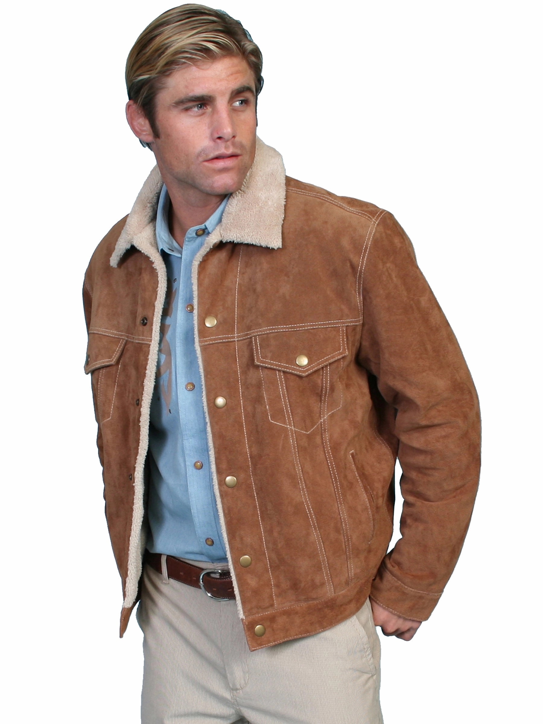 Scully Leather Mens Boar Suede Sherpa Fleece Jean Jacket Cafe Brown UV Protection Finish