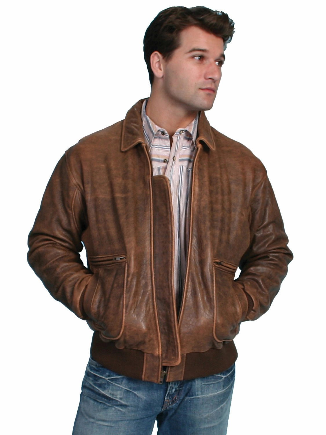 Functional Pocket Scully Leather Mens Brown Antique Lamb Bi-Swing Bomber Jacket L
