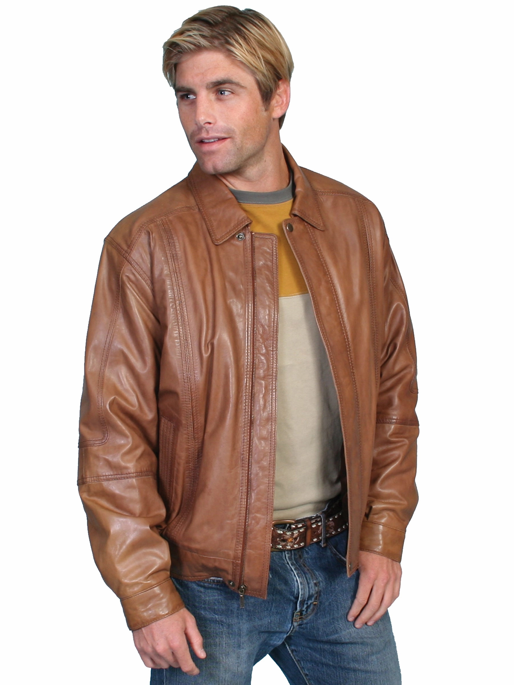 AirflowVents Scully Leather Mens Premium Lambskin Zip Front Jacket Cognac Soft