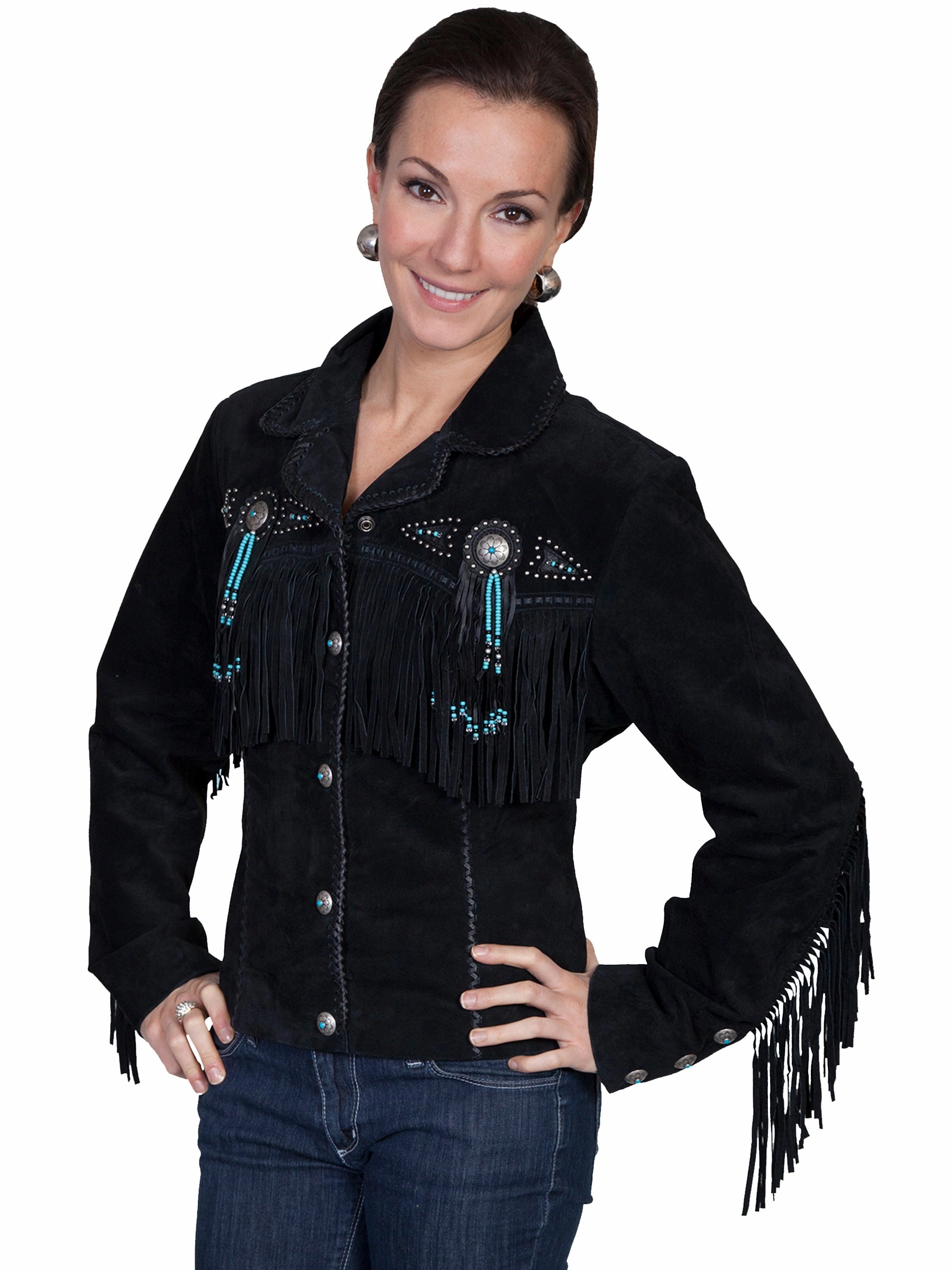 Oversized style Scully Leather Womens Beaded Fringe Conchos Boar Suede Jacket Black