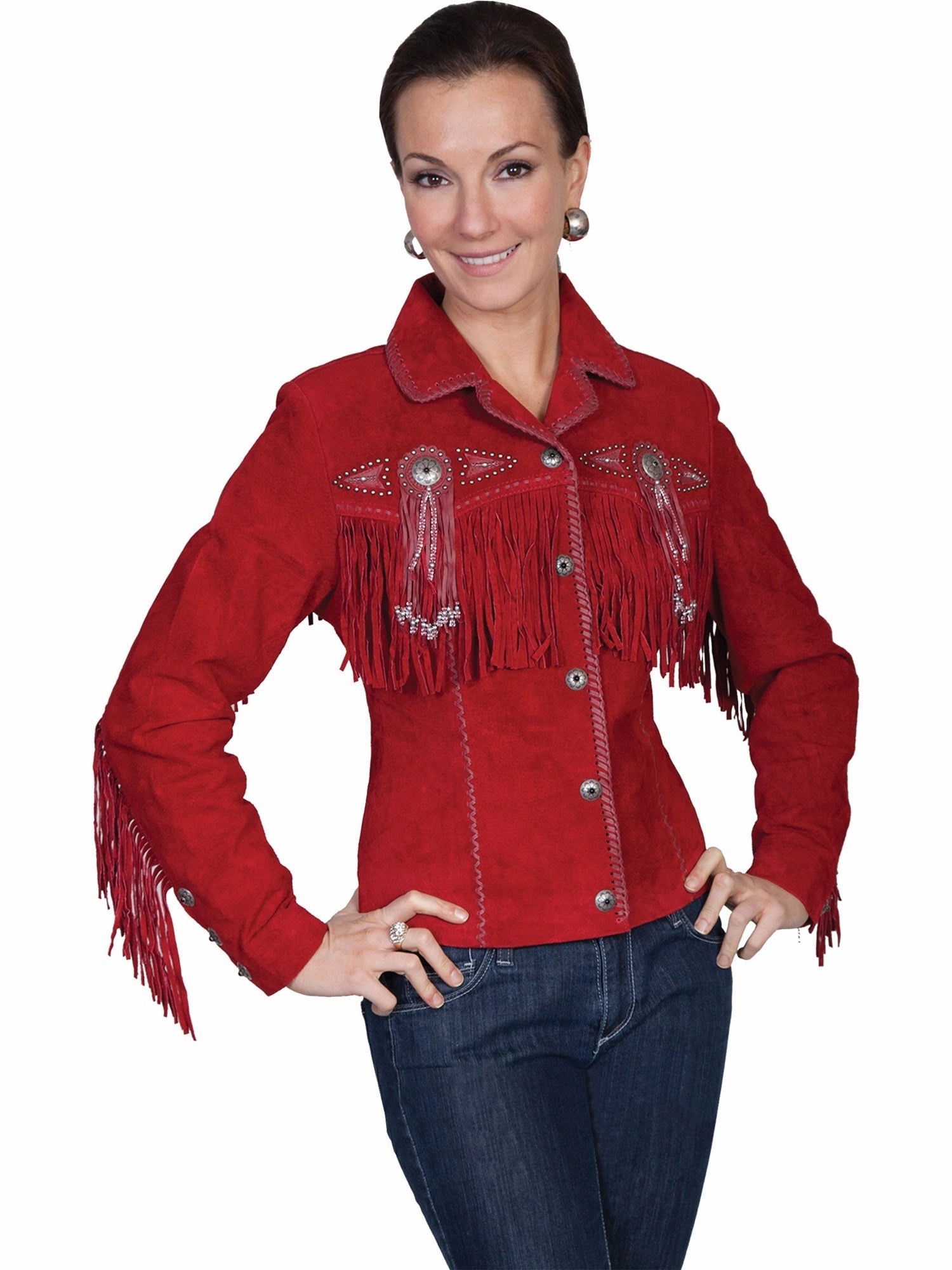 Scully Leather Womens Beaded Fringe Conchos Boar Suede Jacket Red Softshell Technology