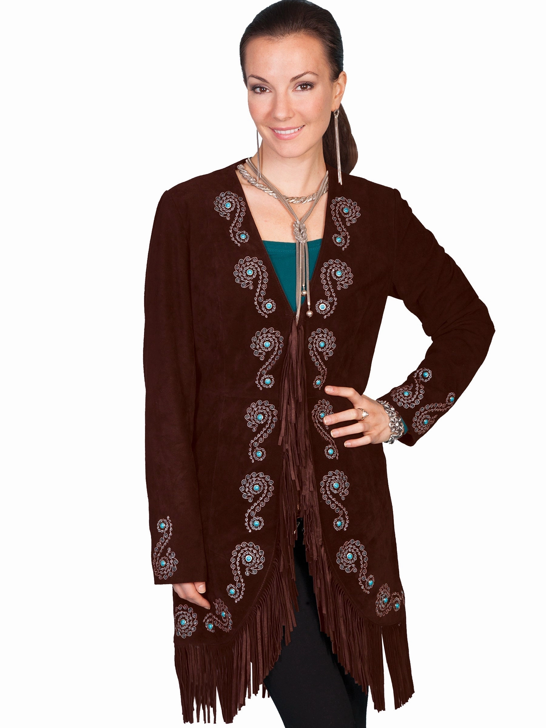 Compact packaging Scully Leather Womens Fringe Silver Embroidered Boar Suede Jacket Expresso