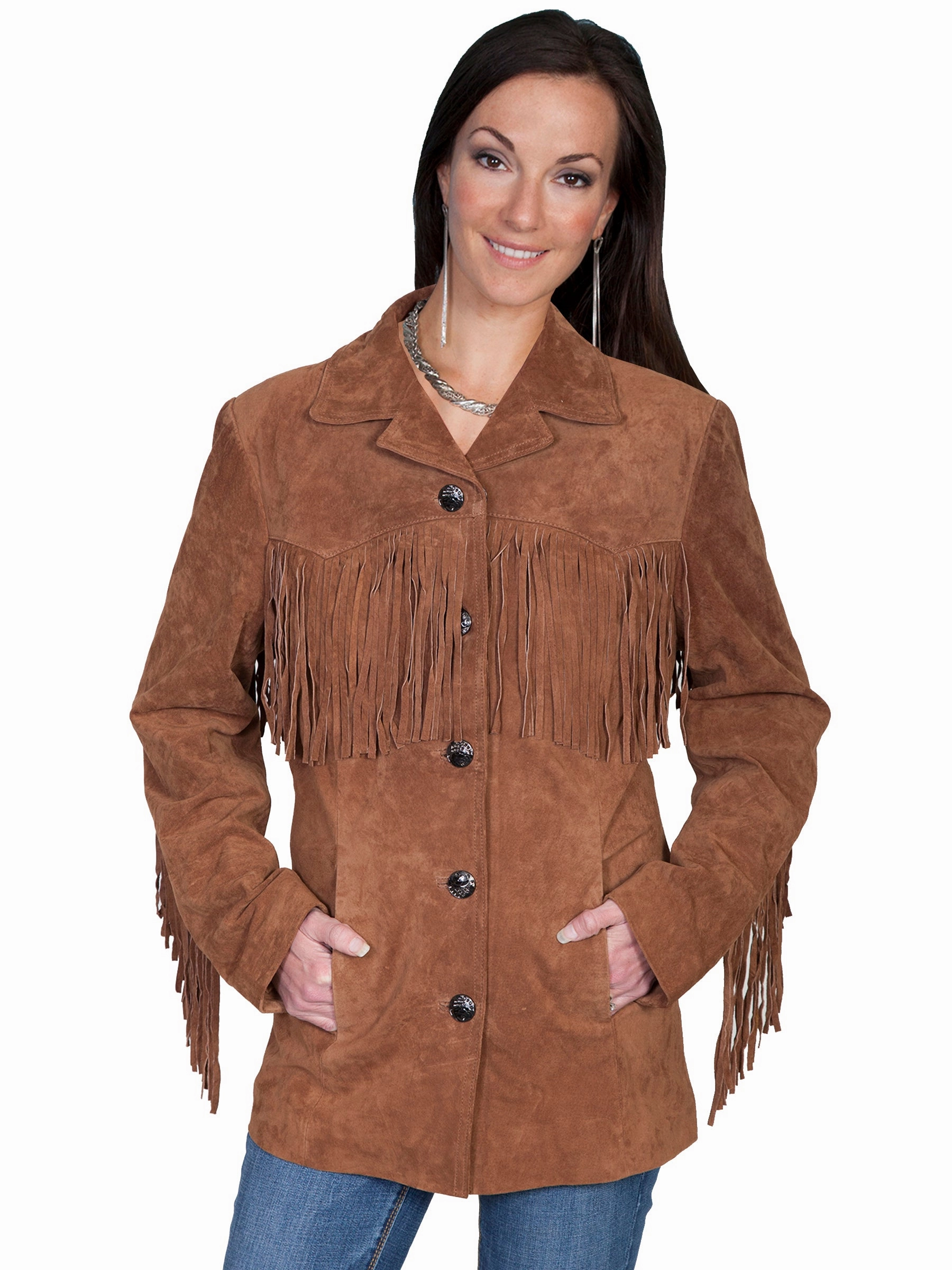 Scully Leather Womens Fringe Yokes Sleeves Suede Jacket Cinnamon Softshell Coating Quick Access Pockets