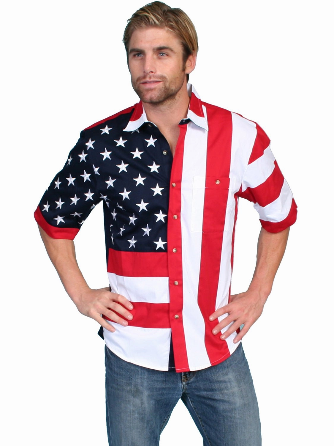 Party outfit Scully Mens American Flag Red 100% Cotton S/S Shirt