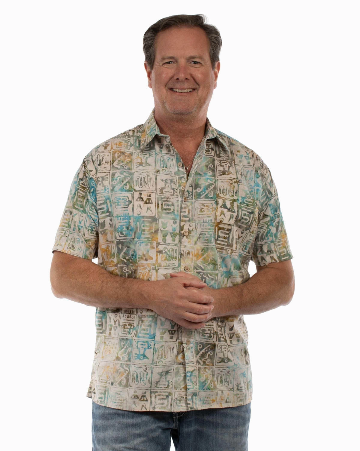 Scully Mens Batik Tiles Tan Multi 100% Cotton S/S Shirt formal dinner