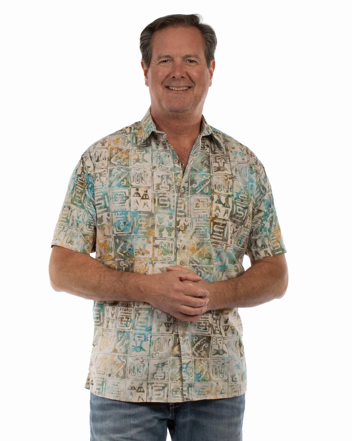 Elegant Finish Black Tie Optional Scully Mens Batik Tiles Tan Multi 100% Cotton S/S Shirt