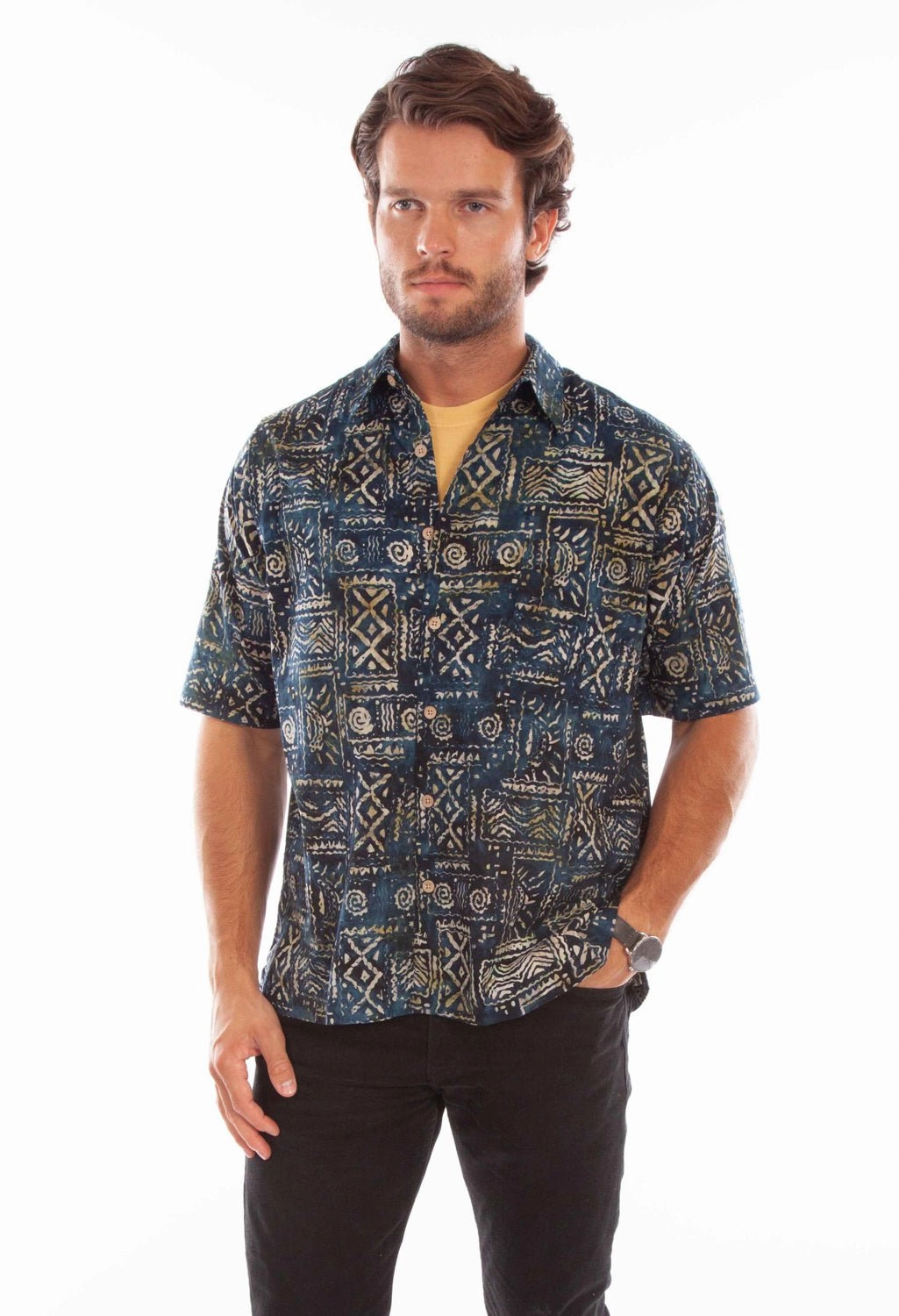 Scully Mens Batik Tribal Navy 100% Cotton S/S Shirt Holiday Outfit