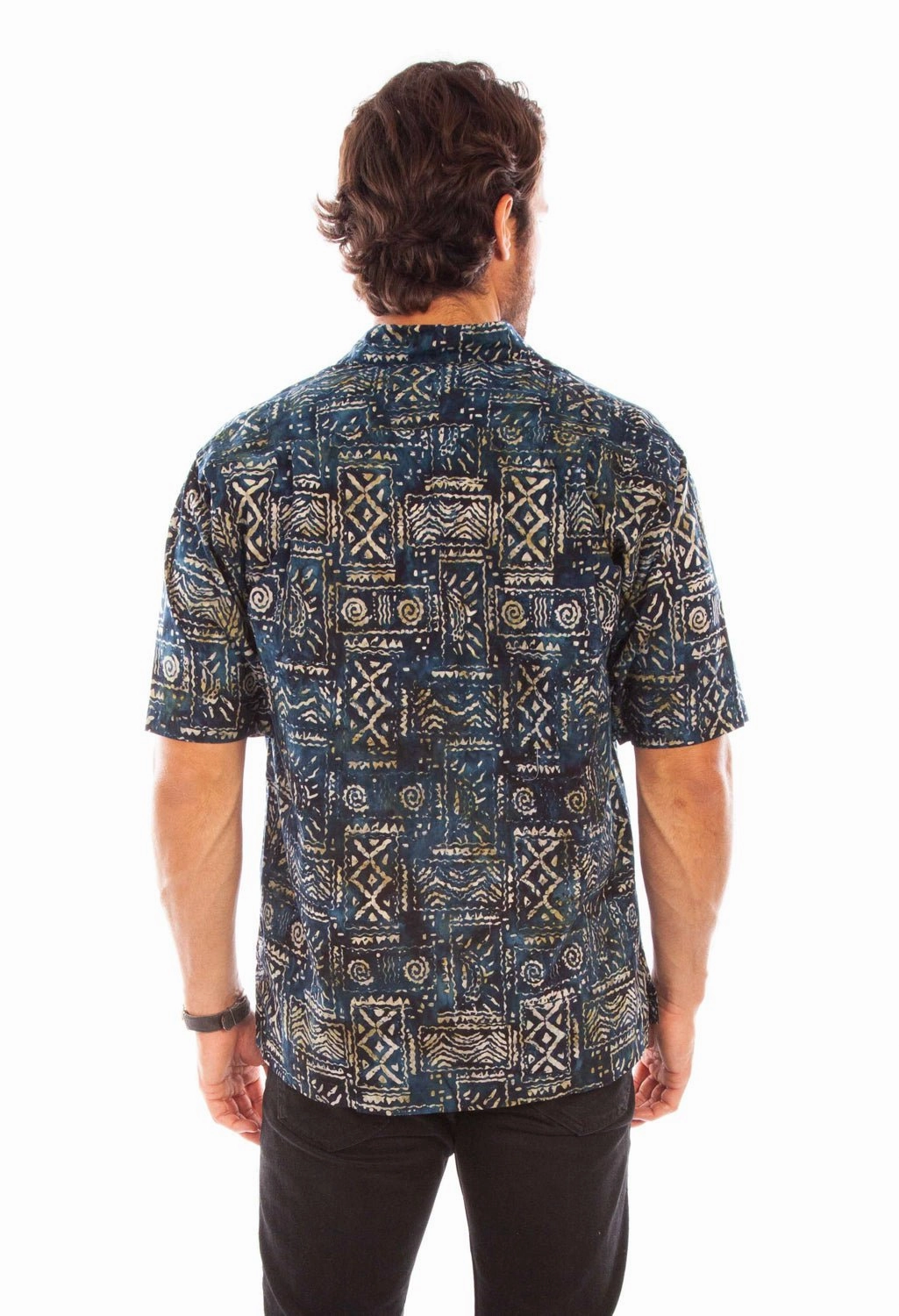 Ventilated Back Panel Scully Mens Batik Tribal Navy 100% Cotton S/S Shirt