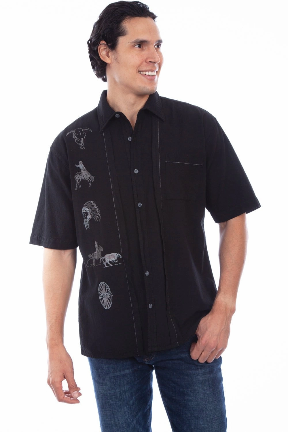 Hypoallergenic Lining Customizable Design Scully Mens Black 100% Cotton Western Theme S/S Shirt