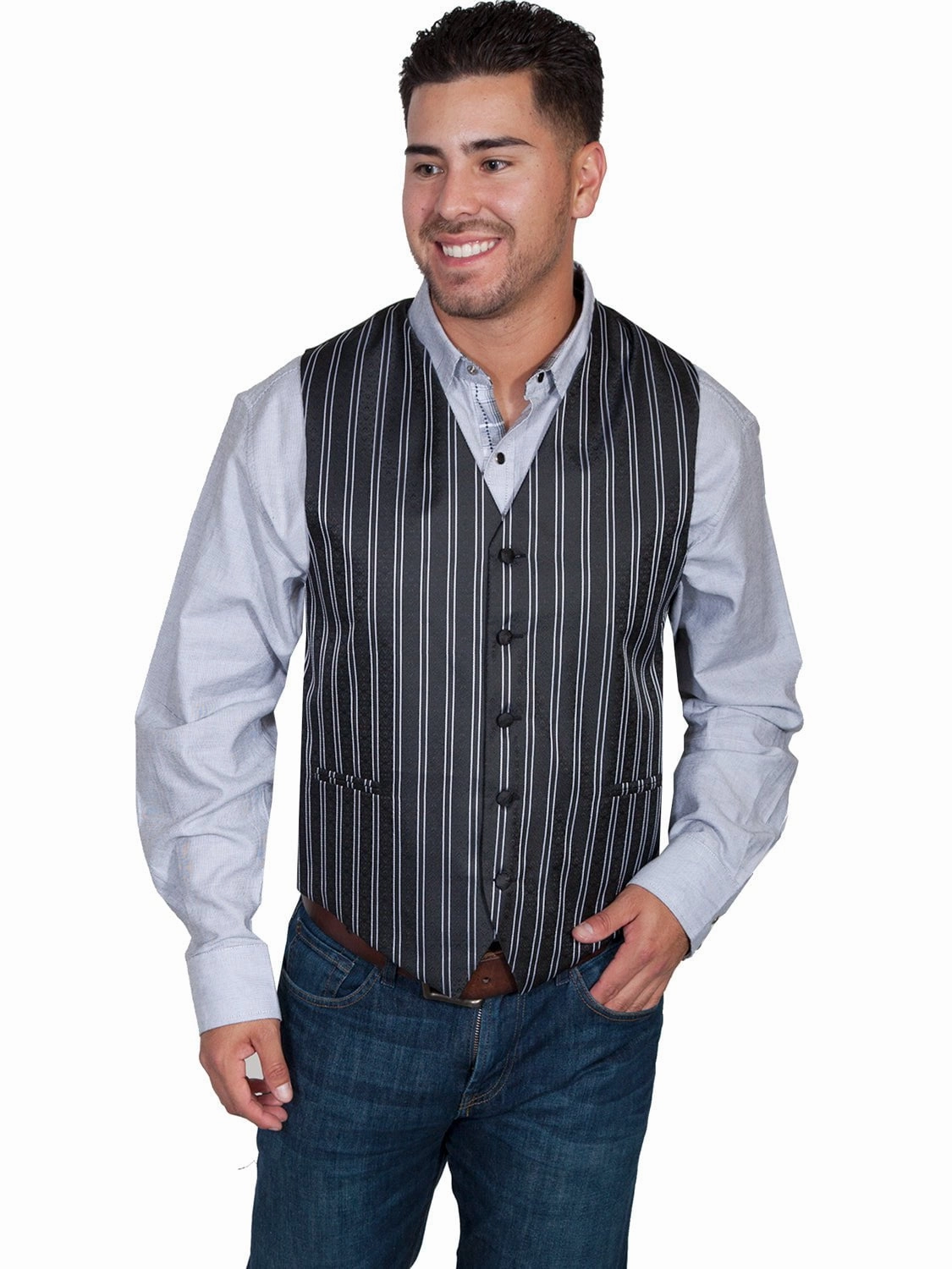 Lightweight Feel Scully Mens Black Polyester White Pinstripe Vest