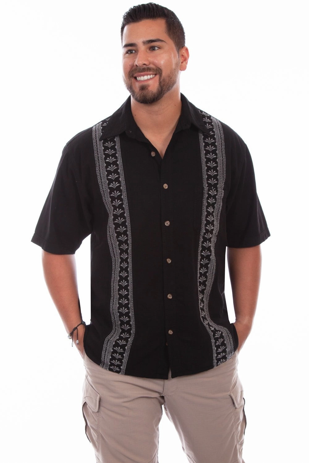 Custom Fit Seamless Shoulder Scully Mens Black/Tan 100% Cotton Calypso S/S Shirt