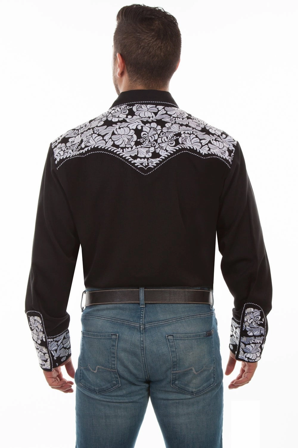 Scully Mens Black/White Polyester Floral Tooled L/S Shirt Modern Look Durable Material
