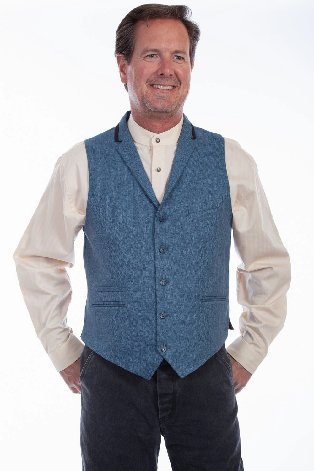 All Day Layering NoiseFreeMaterial Scully Mens Blue Polyester Herringbone Point Vest