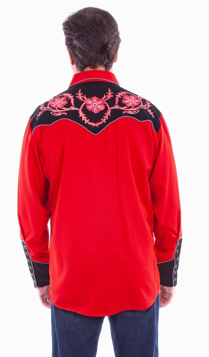 Chic Look Military Inspired Scully Mens Bold Floral Embroidery Red Poly/Rayon L/S Shirt