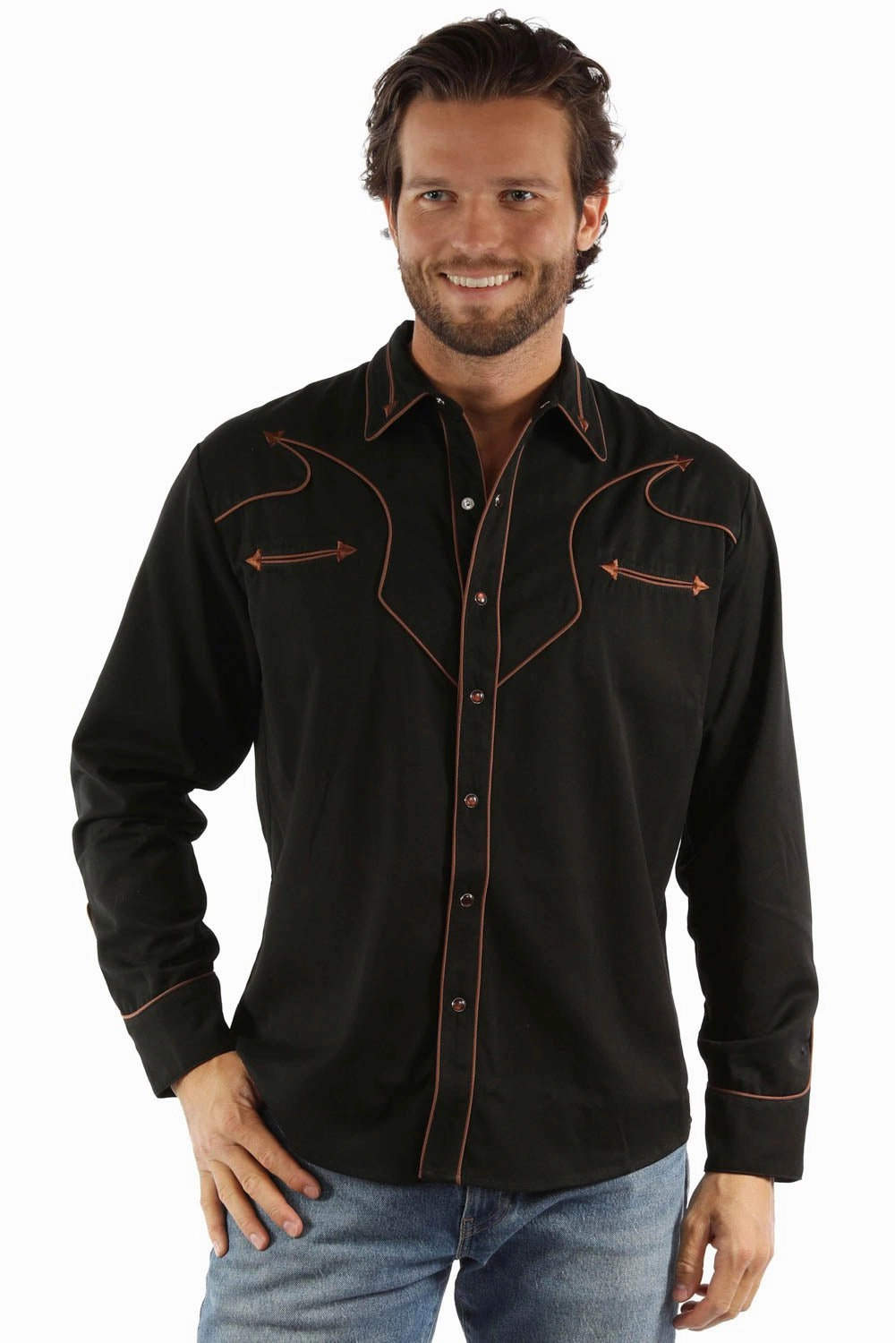 Performance Fabric Scully Mens Brown Piping Black Poly/Rayon L/S Shirt