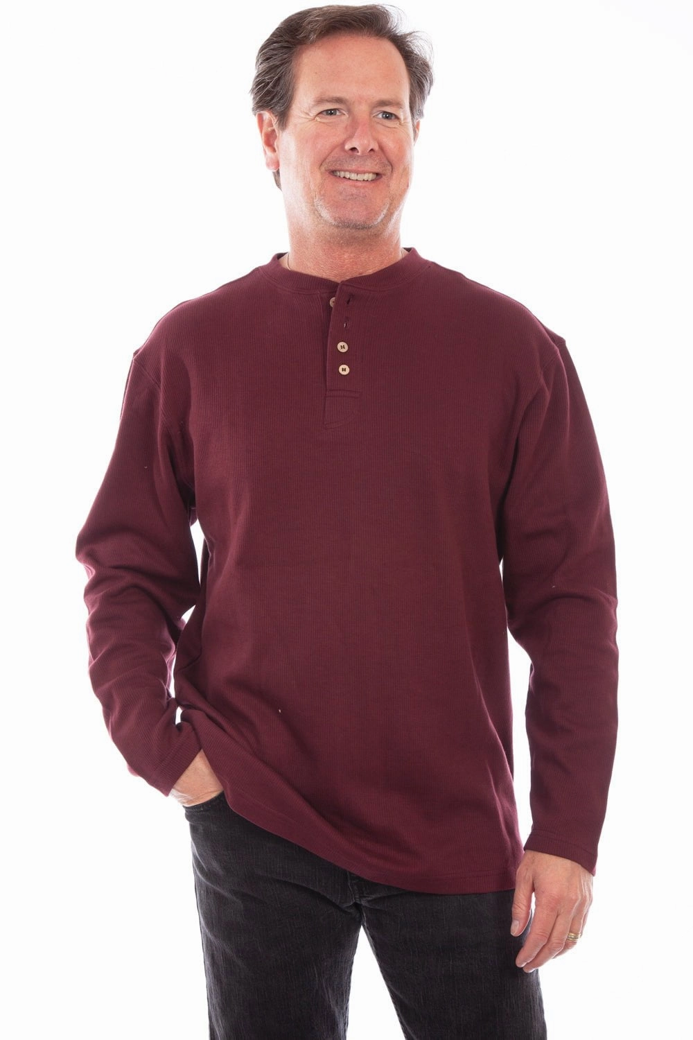 Scully Mens Burgundy 100% Cotton Henley Rib L/S T-Shirt Versatile Layering Piece Wrinkle Free Care