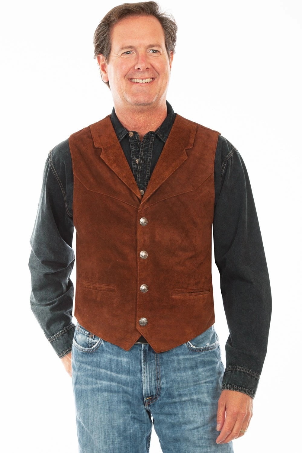 Scully Mens Cafe Brown Leather Lapel Vest Light Weight