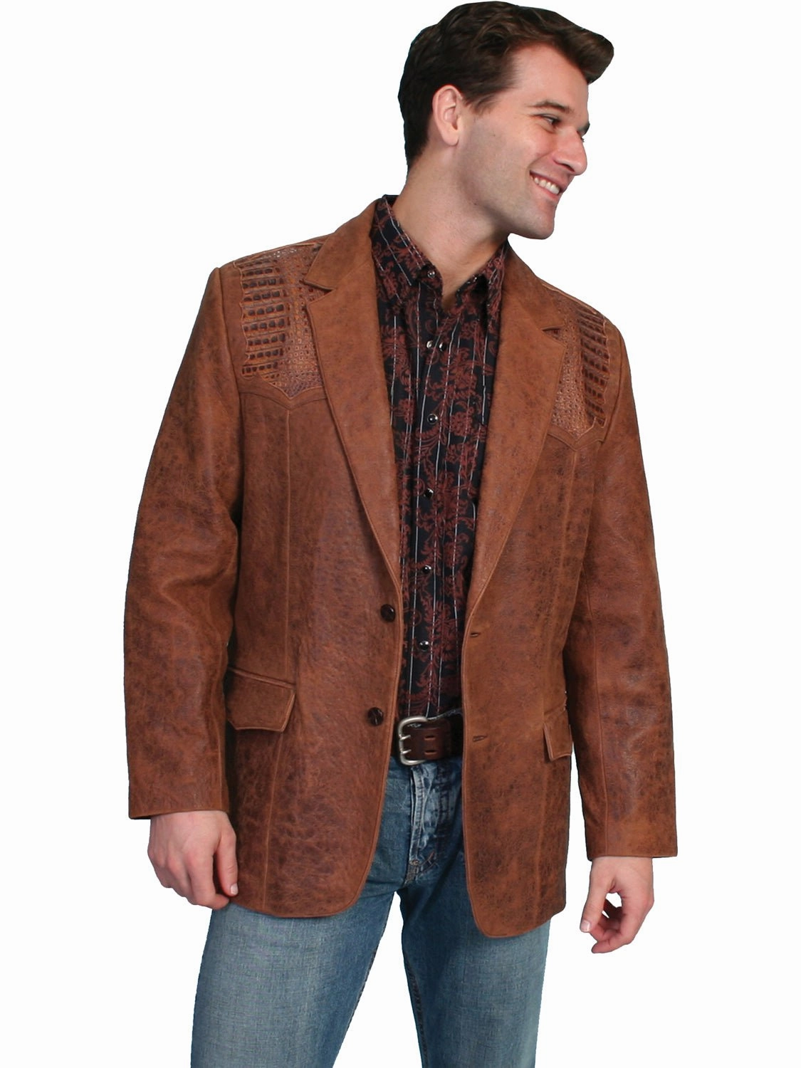 Scully Mens Caiman Inlays Brown Leather Leather Jacket Durable Abrasion Resistant Smart Casual