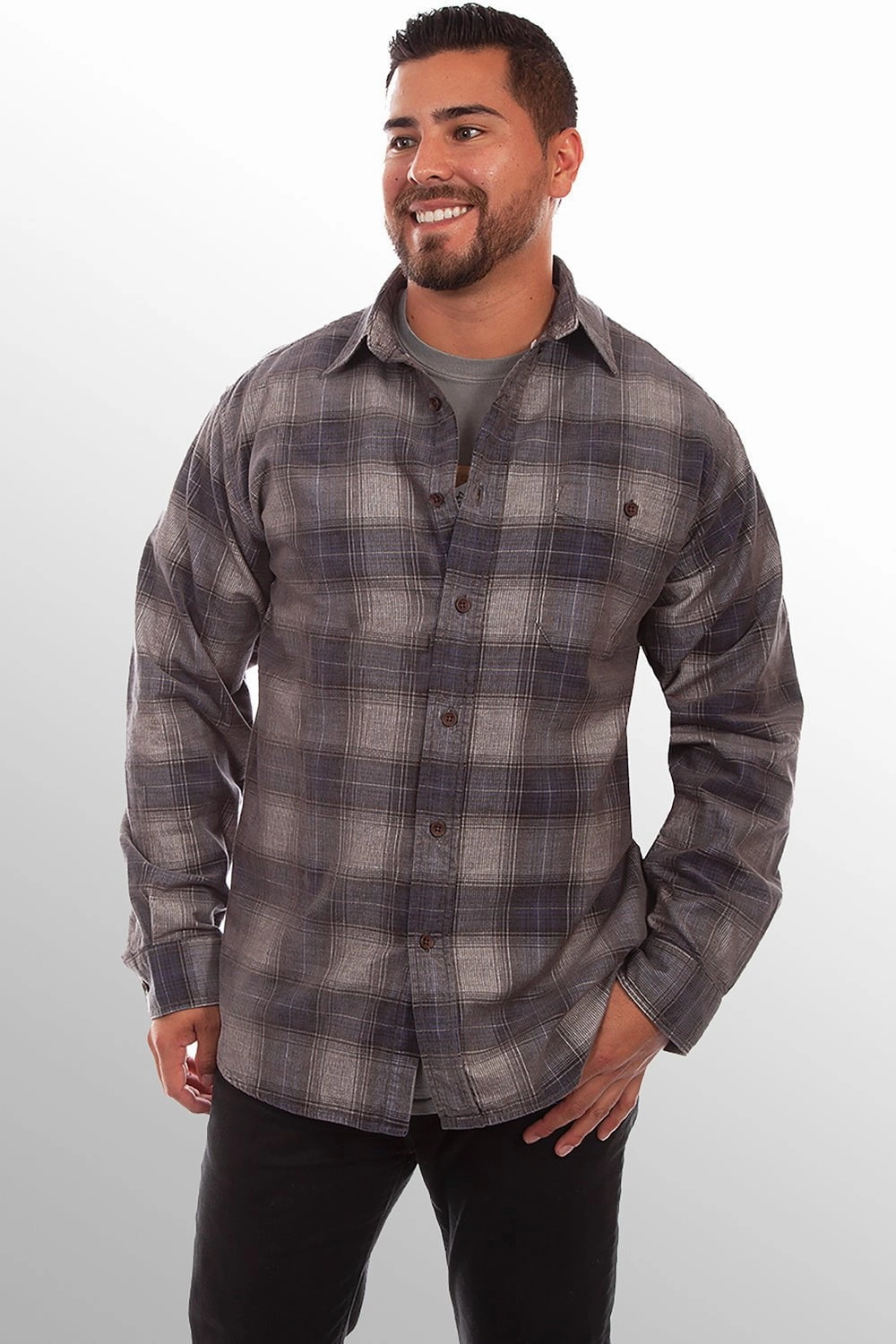 Seamless construction Scully Mens Charcoal/Navy 100% Cotton Corduroy Plaid L/S Shirt
