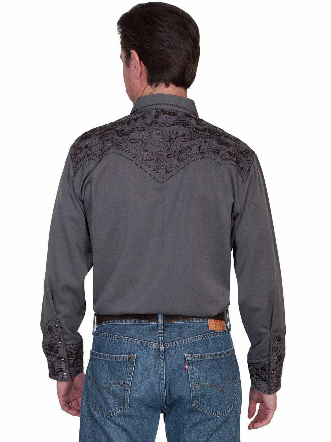 Zip Front Scully Mens Charcoal Poly/Rayon Tooled Floral L/S Shirt
