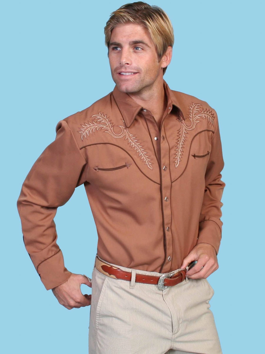 Eco Friendly Dye Scully Mens Classic Bootstitch Brown Poly/Rayon L/S Shirt