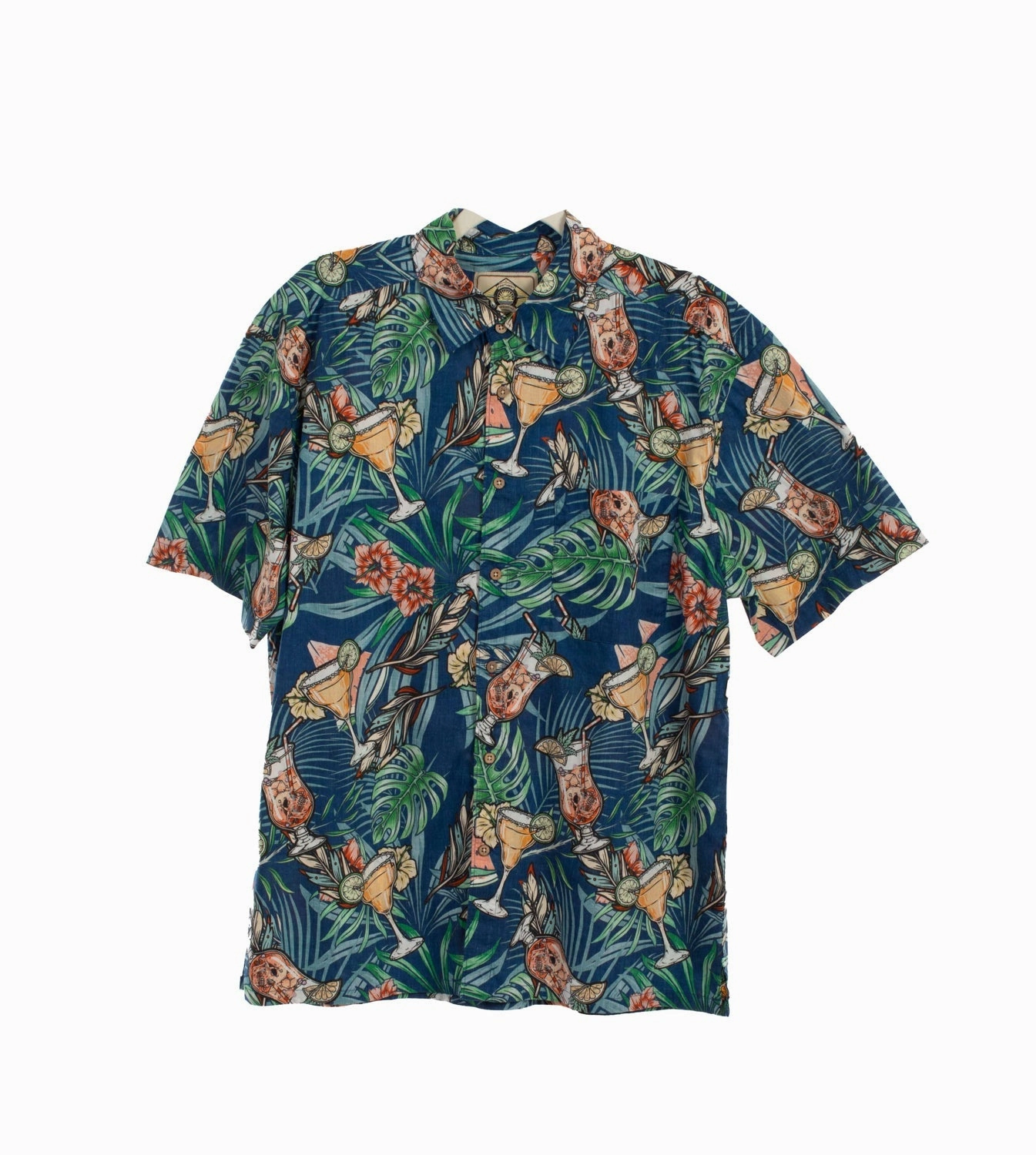 No Bulk Layering System Scully Mens Cocktails and Skulls Blue 100% Cotton S/S Shirt