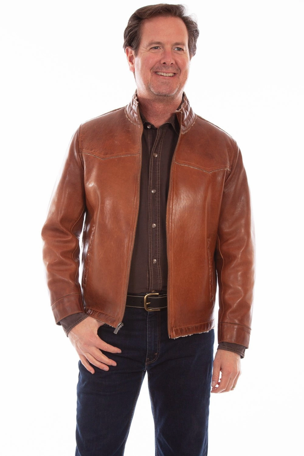 Layered Wind Barrier Four Way Stretch Scully Mens Cognac Leather Luxurious Western Jacket