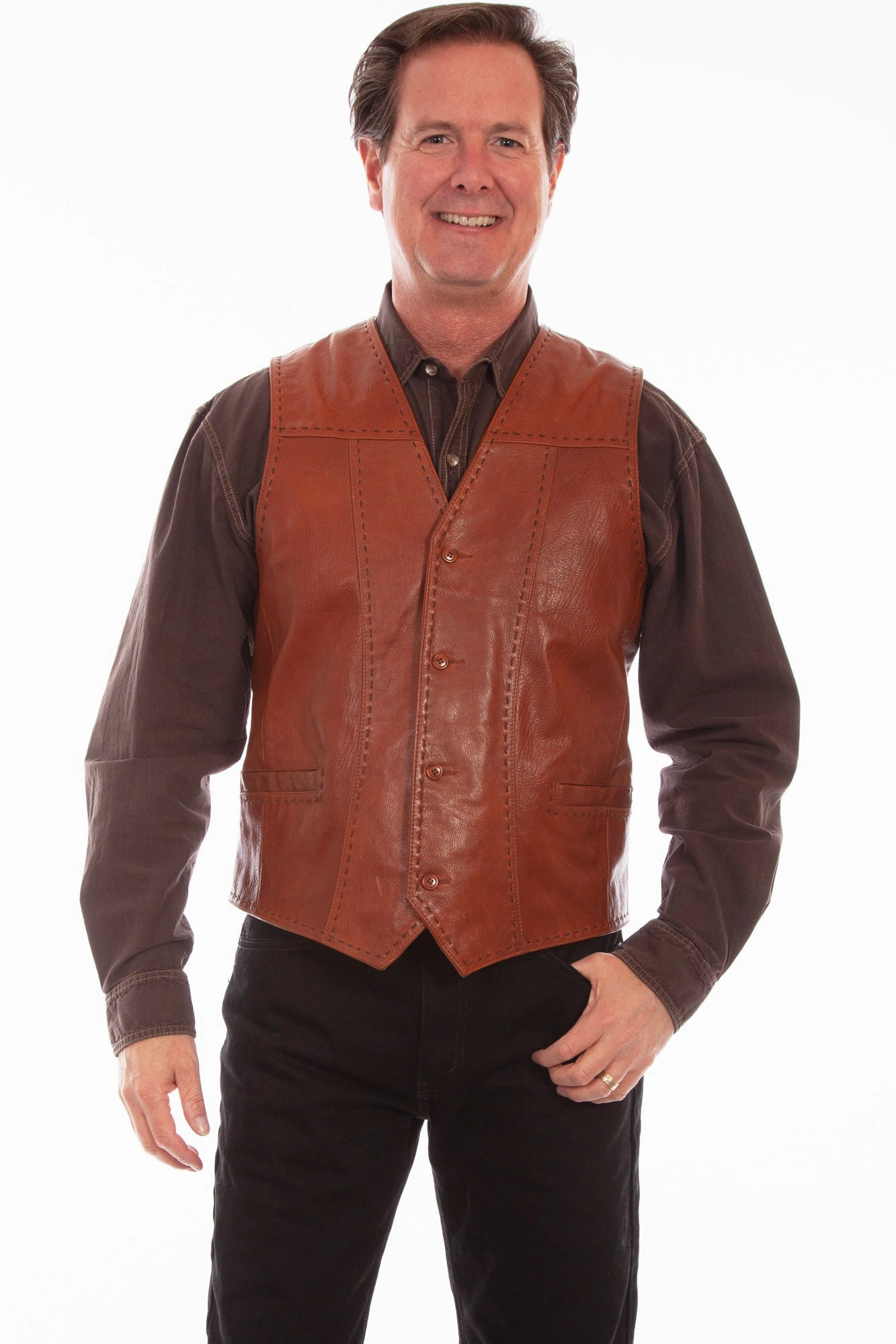 Scully Mens Cognac Leather Pick Stitch Vest Soft Cover