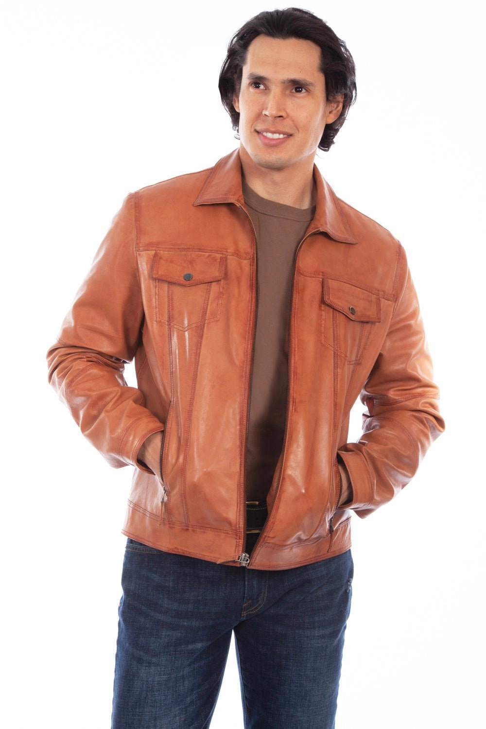 Ergonomic Cut Scully Mens Cognac Leather Vintage Racer Jacket