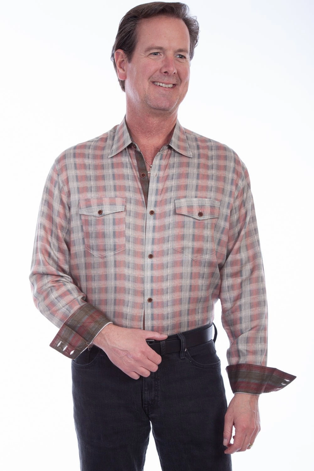 Asymmetrical Cut Scully Mens Coral 100% Tencel Bold Plaid L/S Shirt