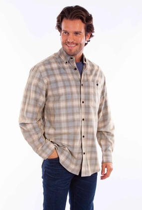 Double Stitched Seams Scully Mens Corduroy Plaid Blue/Tan 100% Cotton L/S Shirt