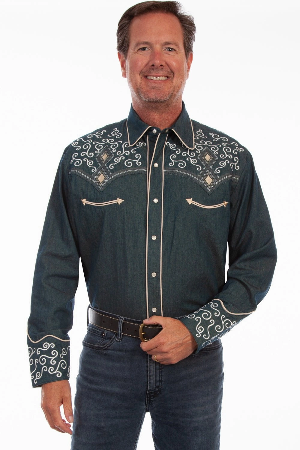 Scully Mens Denim 100% Cotton Diamond Snap L/S Shirt Bamboo Fiber Blend