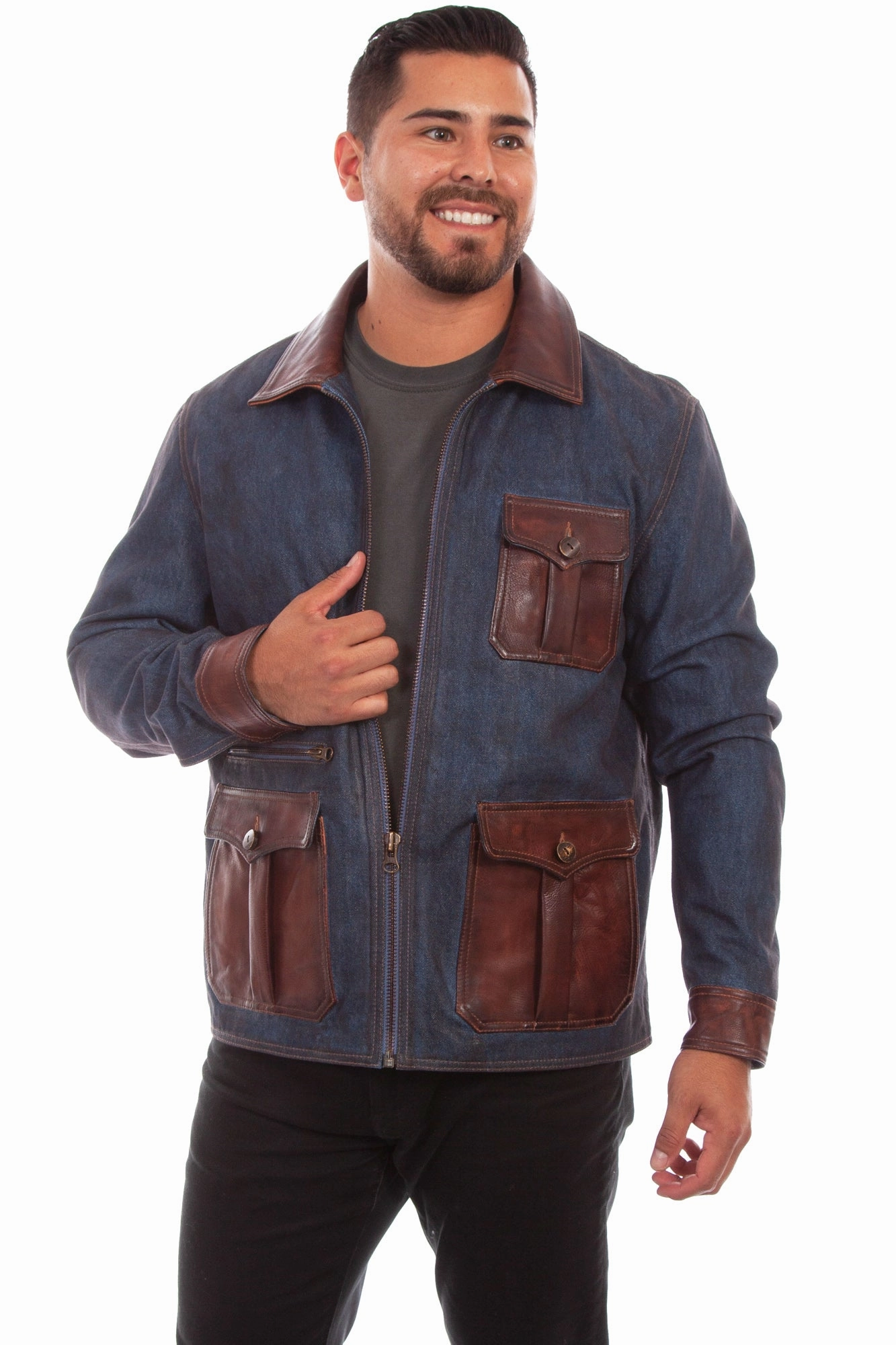 Scully Mens Denim Cotton Blend Leather Trim Jacket Stretchable Waistband