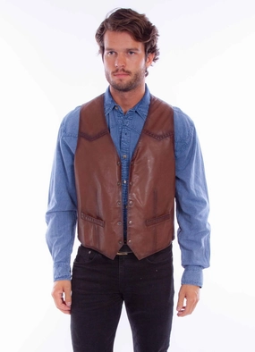 Scully Mens Distressed Yoke Brown Leather Leather Vest Snag Free Fabric