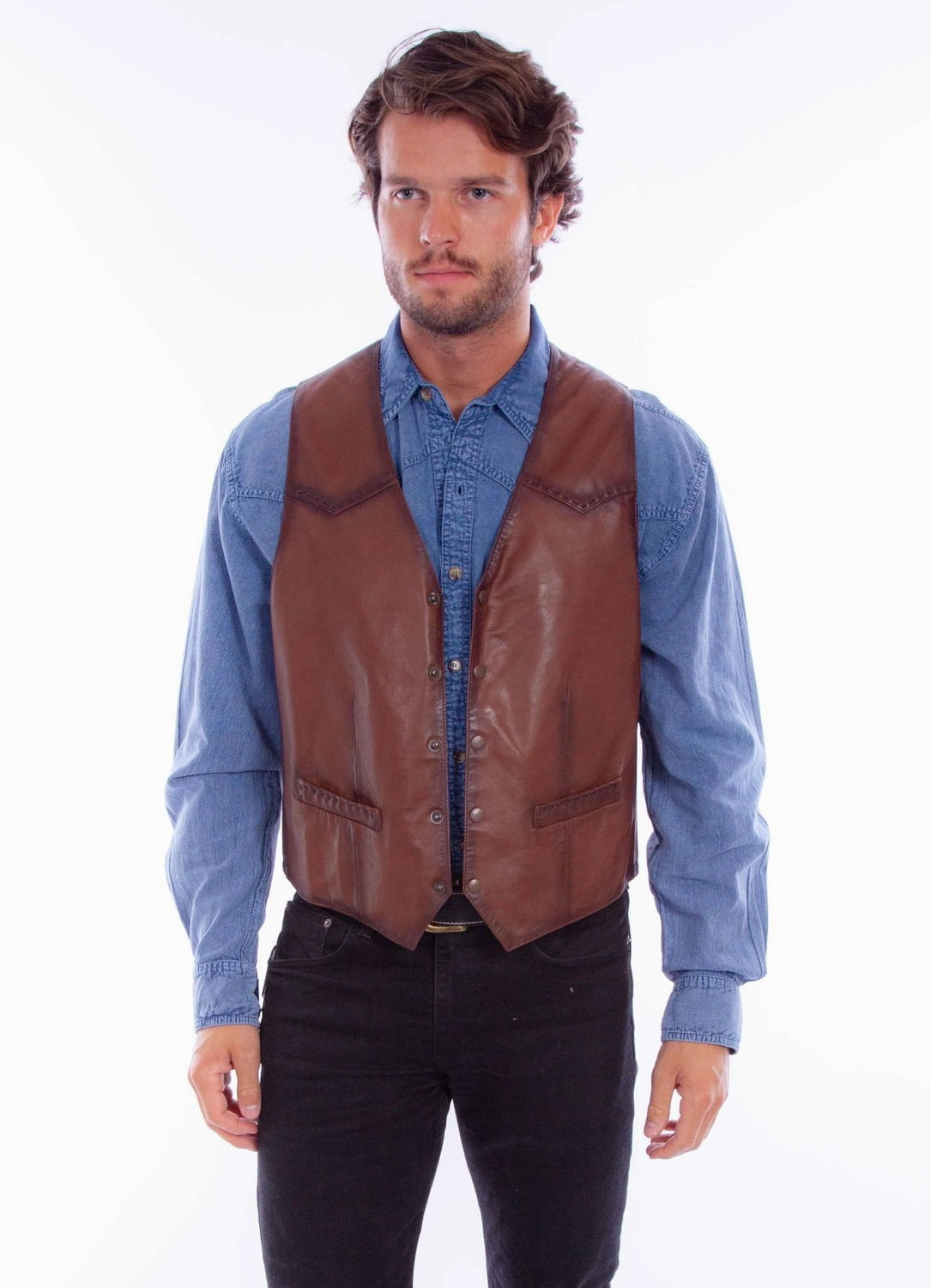 Sport Inspired Style Scully Mens Distressed Yoke Brown Leather Leather Vest