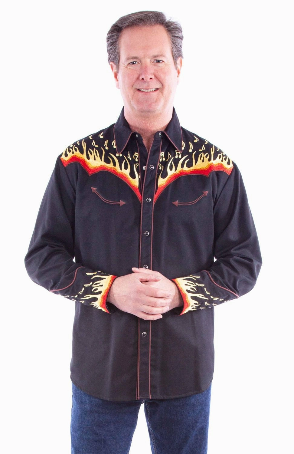 Vibrant color Bold Prints Scully Mens Embroidered Flames Black Poly/Cotton L/S Shirt