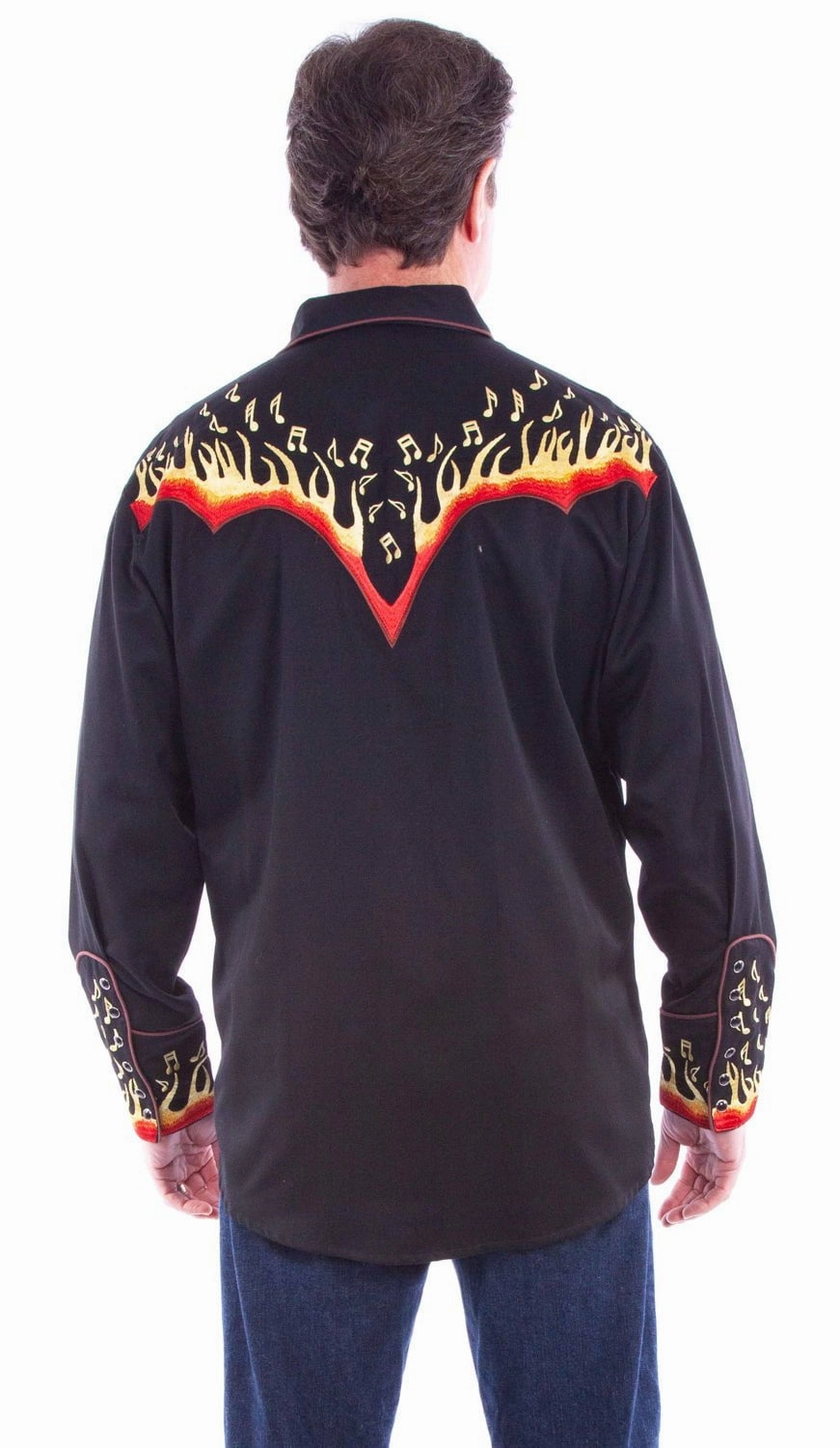 Scully Mens Embroidered Flames Black Poly/Cotton L/S Shirt Gym Appropriate Modern Aesthetic