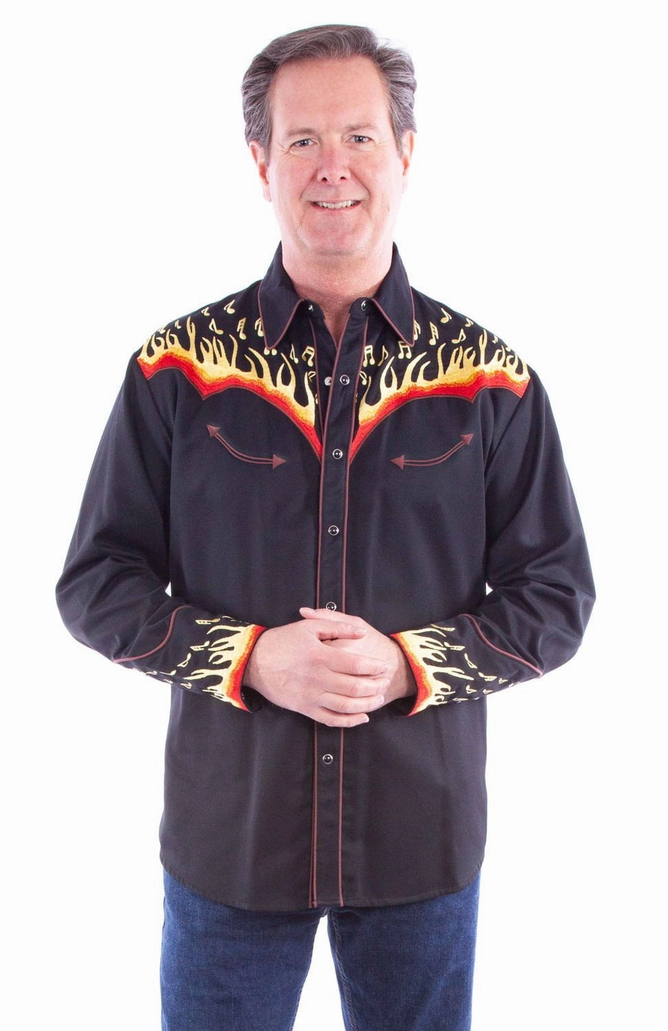 Current Style Scully Mens Embroidered Flames Black Poly/Cotton L/S Shirt