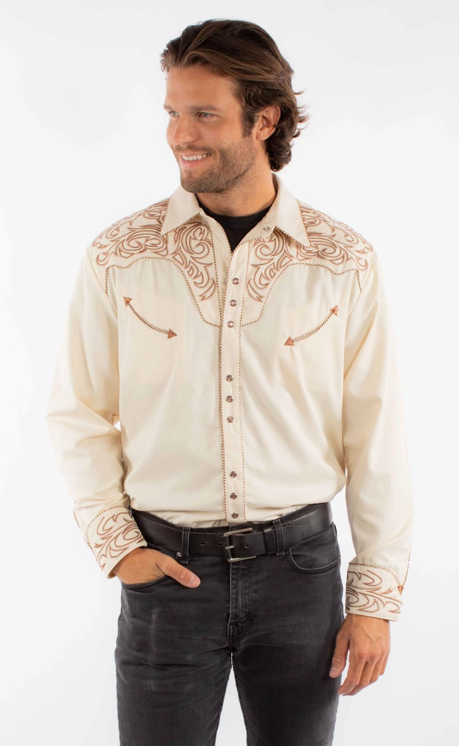 Scully Mens Embroidered Scroll Cream Poly/Rayon L/S Shirt decorative element