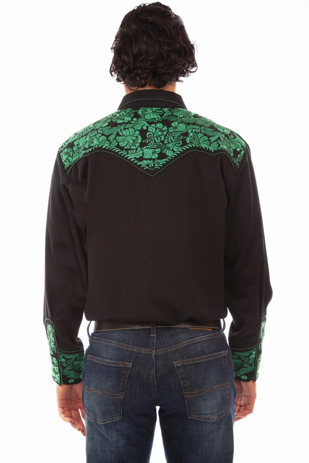 Vibrant Hue Zip Front Scully Mens Emerald Poly/Rayon Floral Tooled L/S Shirt