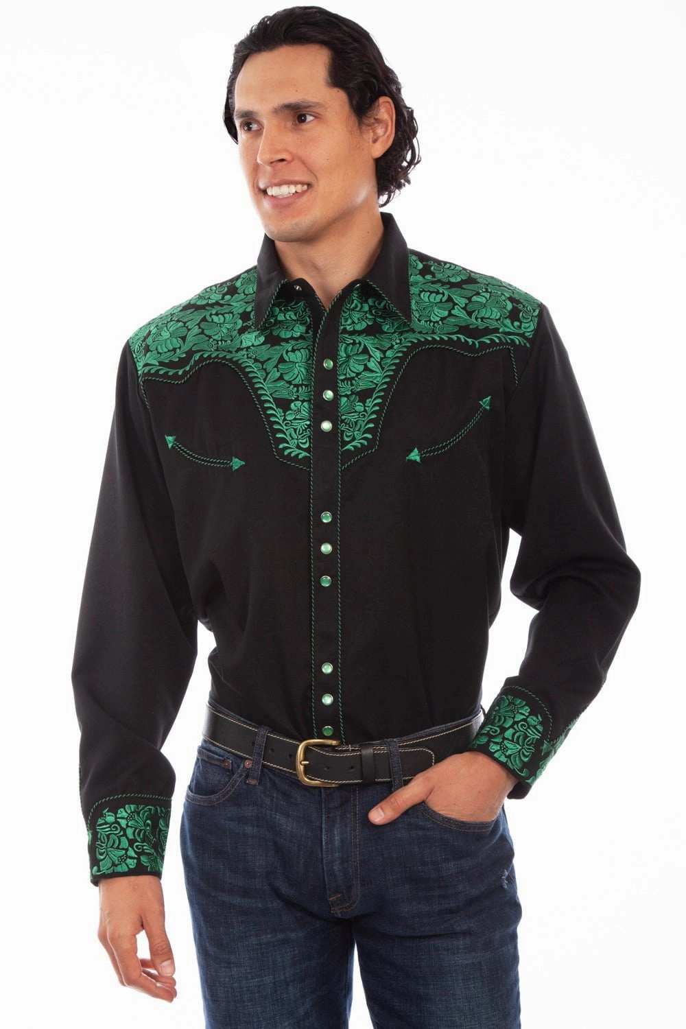 Scully Mens Emerald Poly/Rayon Floral Tooled L/S Shirt XS Checkered Look
