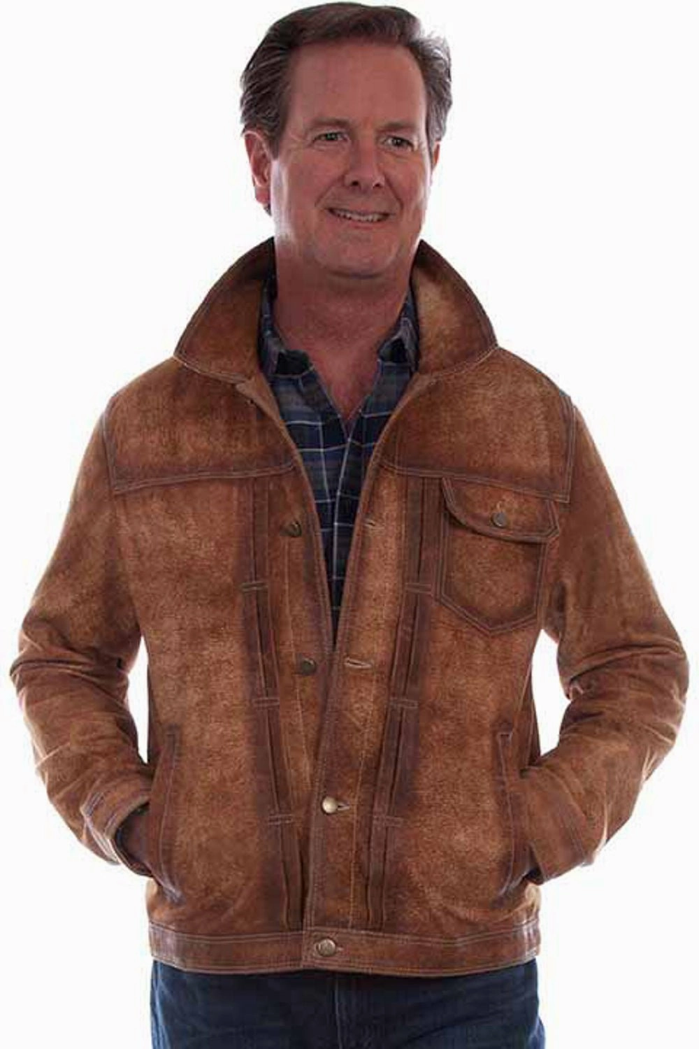 Oversized Fit Light Look Scully Mens Fancy Placket Teak Leather Leather Jacket