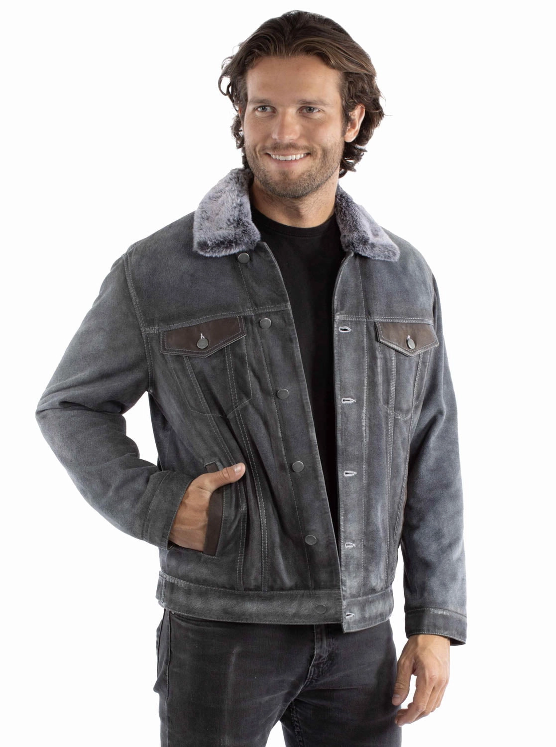Scully Mens Faux Fur Lining Jean Blue Leather Leather Jacket Flexible Waistband