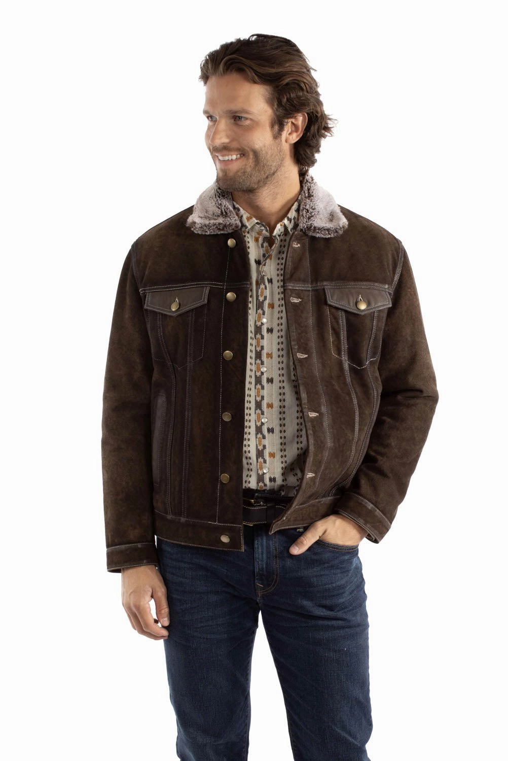 Scully Mens Faux Fur Lining Jean Chocolate Leather Leather Jacket Adjustable Cuffs